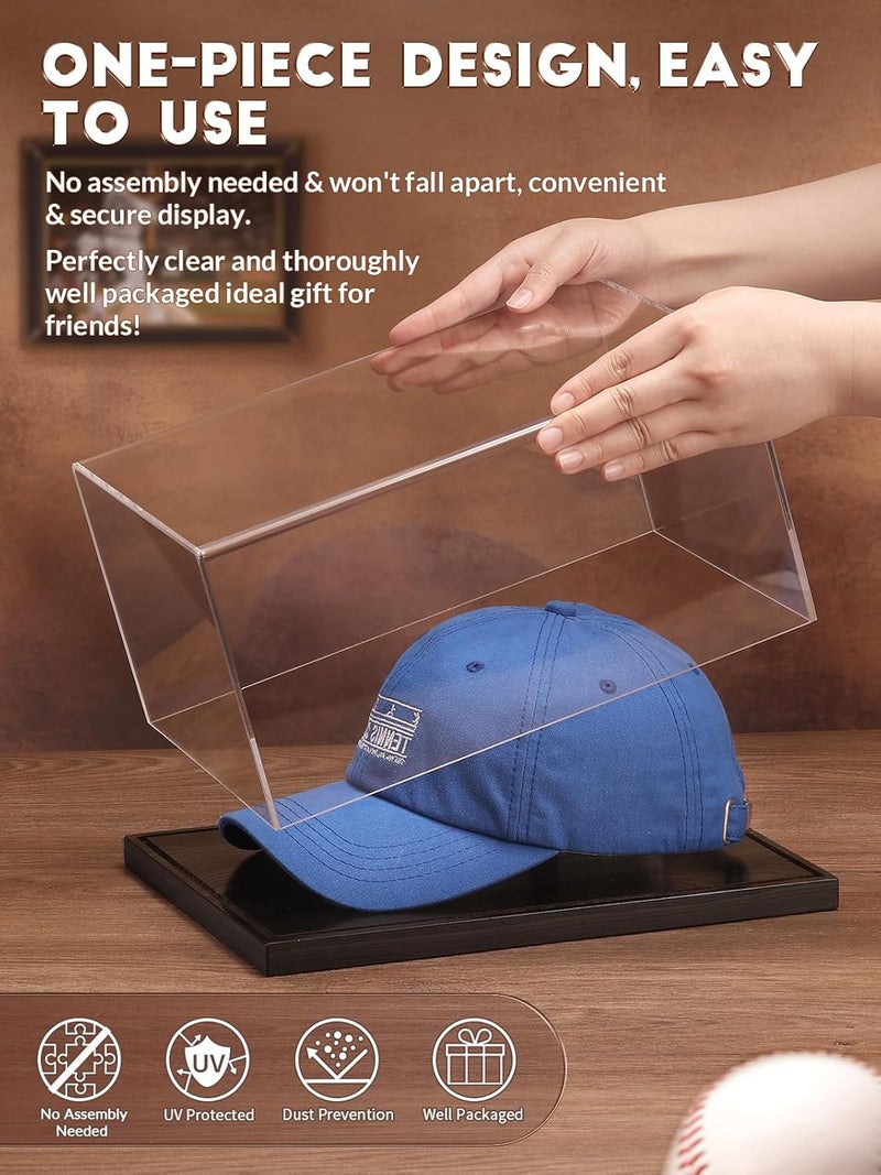JupDec Hat Display Case, Clear Acrylic Baseball Cap Display Box Stand, UV Protection Signed Hat Transparent Showcase with Solid Wood Base Risers & Hat Shaper, Ideal Gift for Caps Collector, Black - Image 2